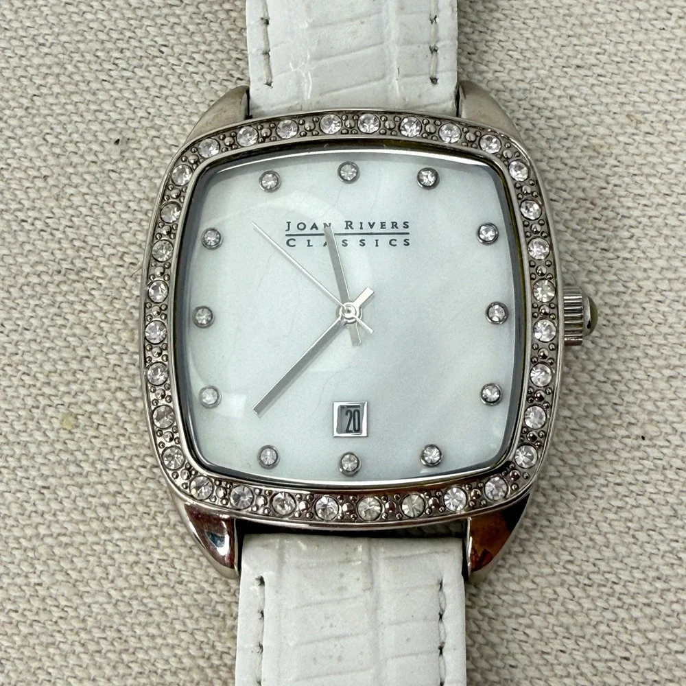 Joan Rivers Classics Watch WORKS White Leather Rhinestone Bezel Date Quartz